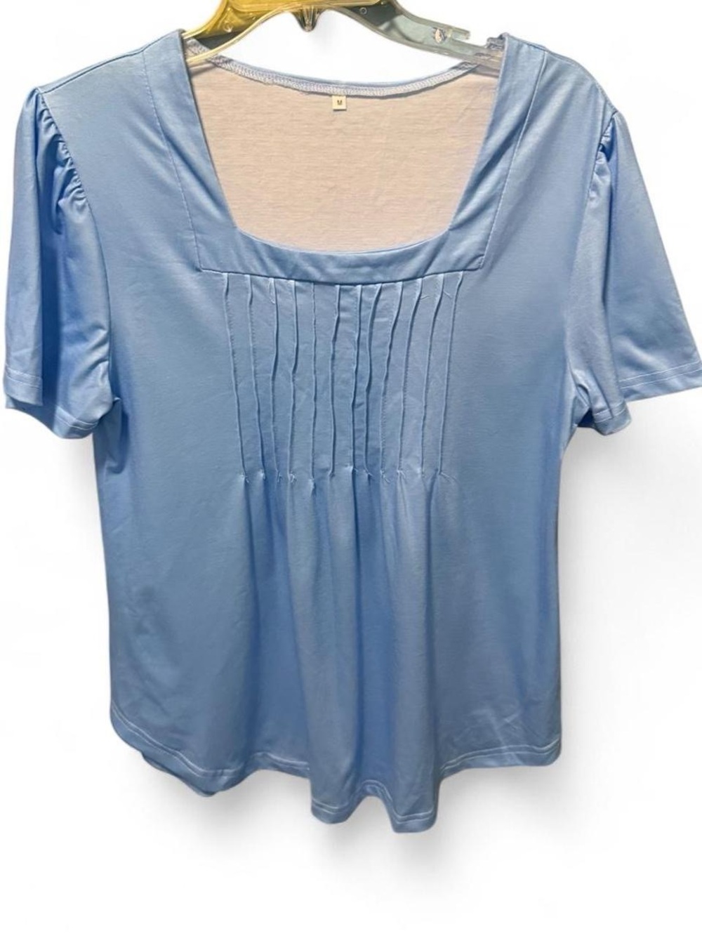 Set of 2- SHEIN Light Blue and Coral Short Sleeve Pleated Square Neck Top